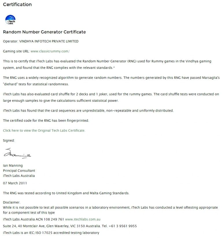 RNG Certification for Valued Rummy Website rng certification for valued rummy website